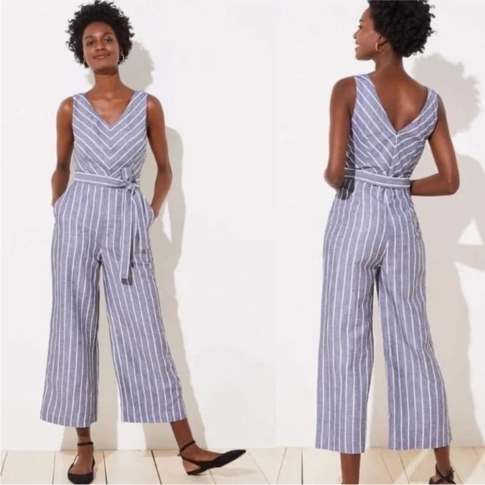 LOFT Gray & White Striped Linen Blend Jumpsuit - Size 4 - Pockets - Picture 13 of 14